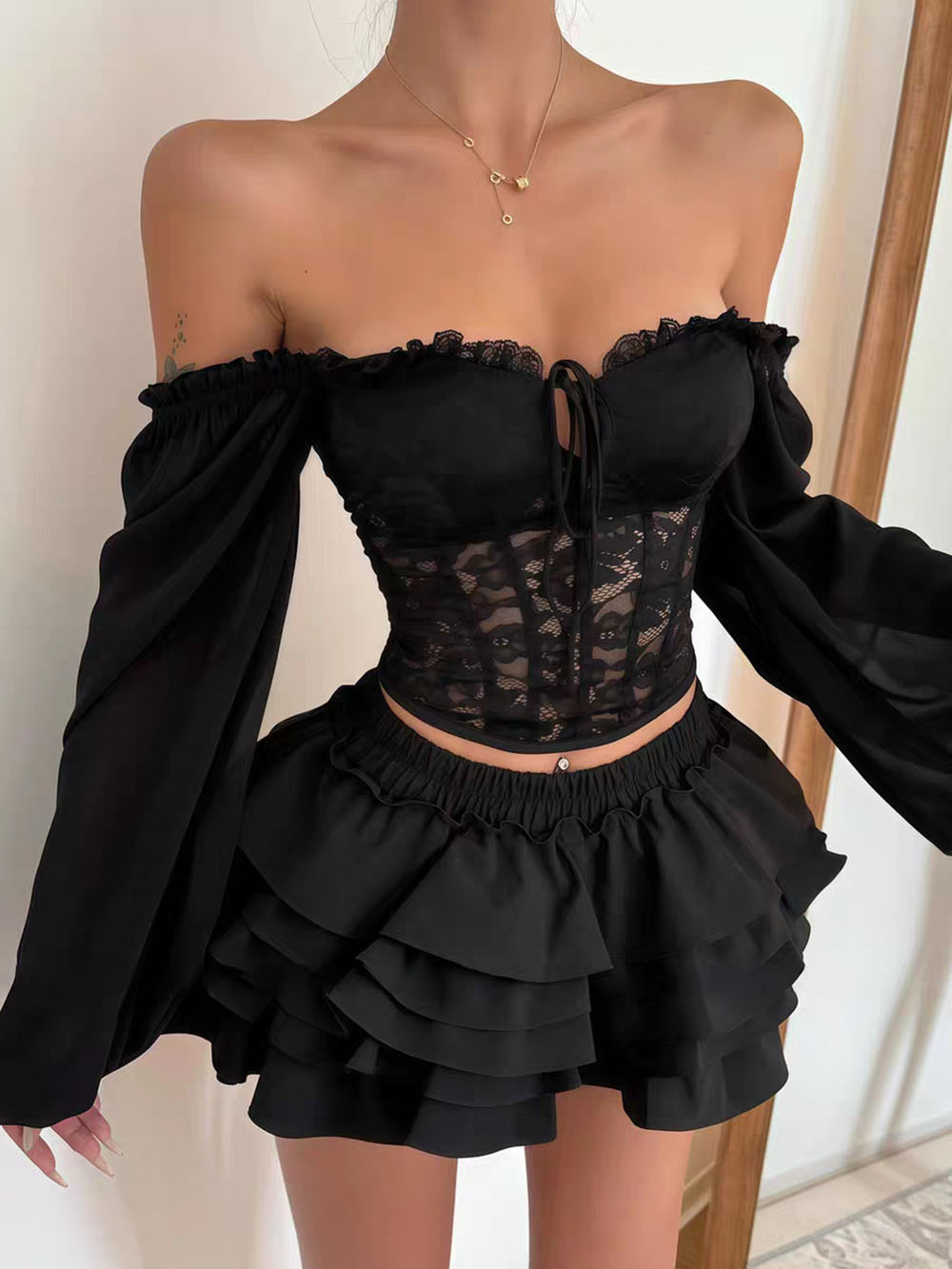 Puff Sleeve Blouse - Hot Sale Lace Spliced Top Fish