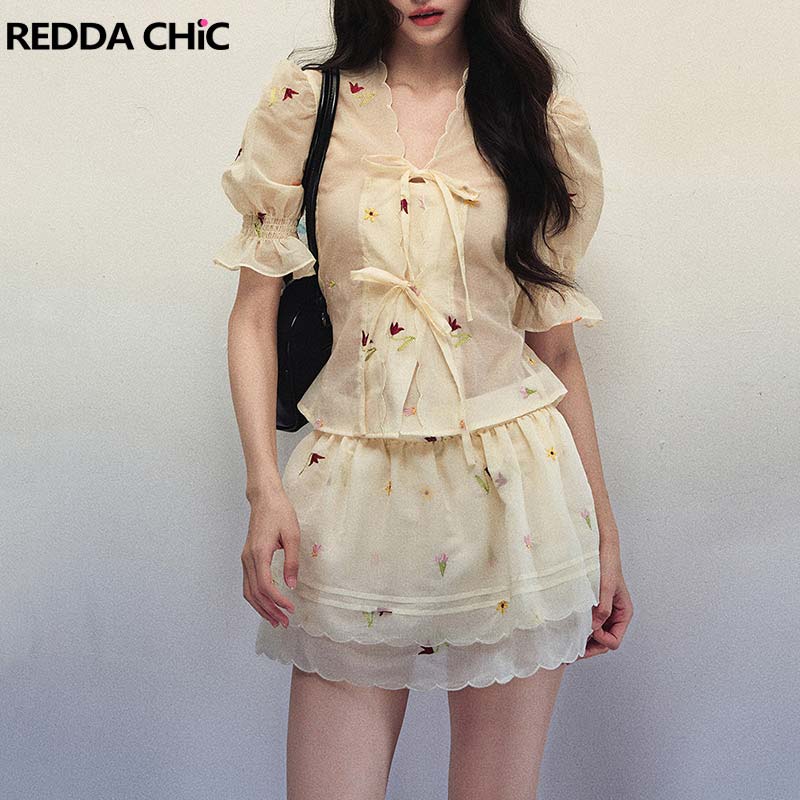 Puff Sleeve Blouse - REDDACHiC Floral-embroidered Chiffon Top Skirt Women